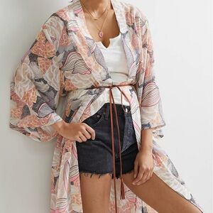 Anthropologie Sheer Open Midi Floral Kimono Cardigan size OS Boho Travel Beach